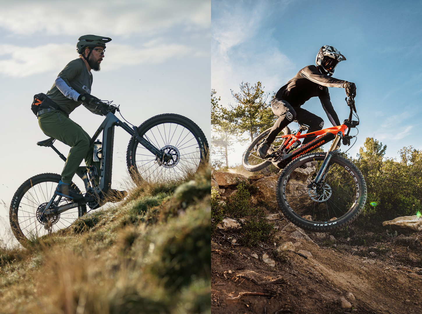 Zwei Einsatzmöglichkeiten für E-MTB Fullys_Links ein Fahrer mit wenig Federweg und Halbschalehelm in der Stadt und rechts ein Enduro E-MTB mit viel Federweg beim Trail Downhill fahren mit Fullface Helm Links ein EMountainbiker beim Uphill mit Halbschalenhelm und rechts ein Enduro EMTB Fully zum Downhill fahren mit Fullface Helm