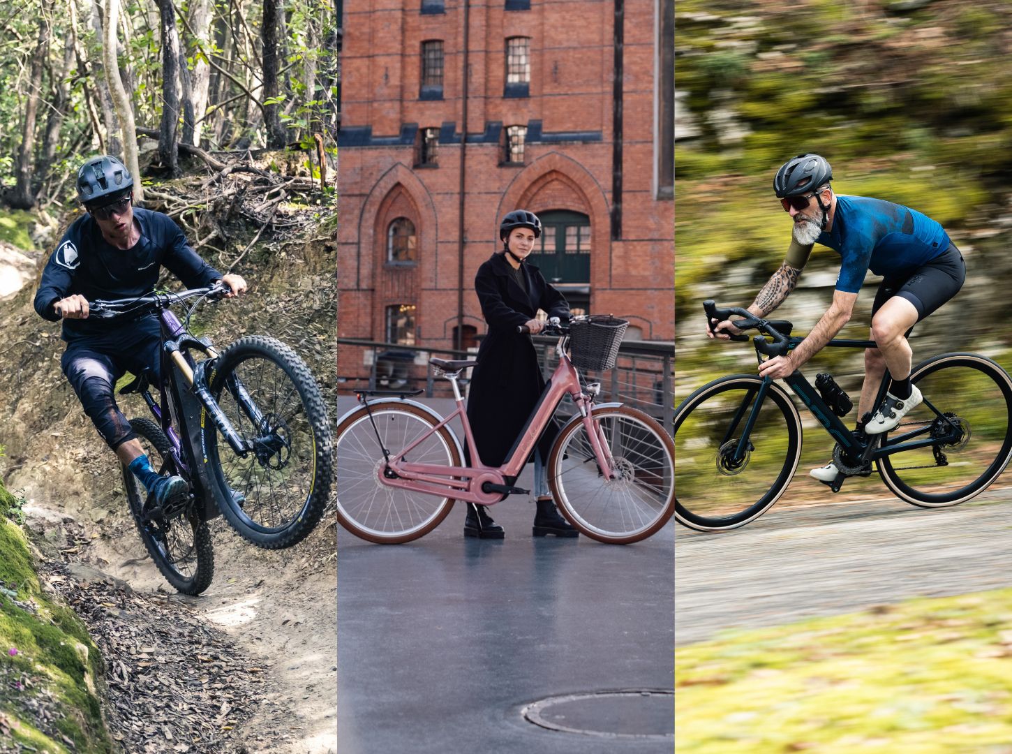 Übersicht Unterkategorien E-Bikes_E-Bikes City Trekking_E-Mountainbikes_E-Rennräder E-Gravel_LifestyleFotos Gegenüberstellung von drei E-Bike Fahrern im Einsatz E Mountainbike E Trekking und E Rennrad