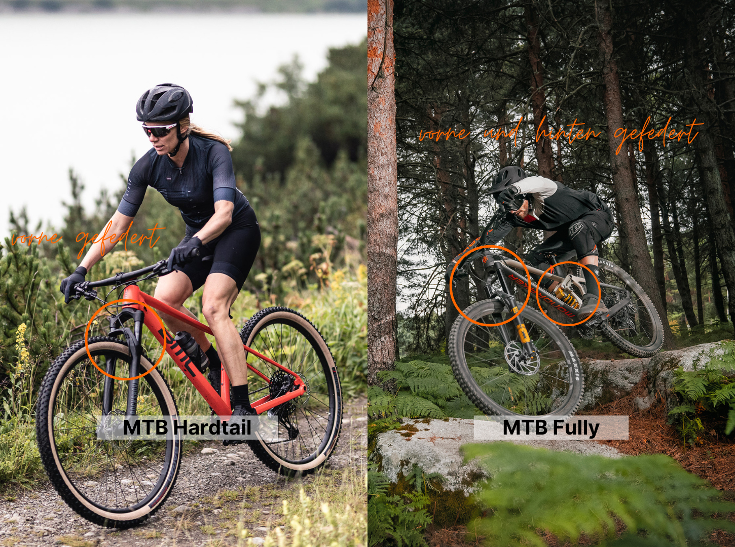 Gegenüberstellung-MTB-Hardtail-vs-MTB-Fully_Uphill_Downhill Links fährt eine MTB Hardtail Fahrerin mit ihrem BMC Twostroke einen Waldweg entlang und rechts ein Enduro Fahrer mit seinem Mondraker Superfoxy einen Downhill Steinpassage herunter um den Unterschied zwischen Hardtail und Fully aufzuzeigen