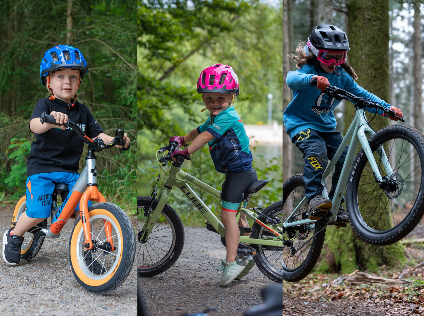 Drei Kinder mit ihren Kinderfahrrädern Laufrad klassisches Fahrrad und Mountainbike