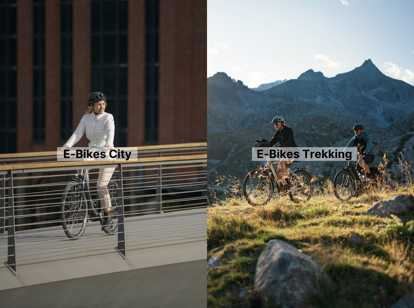 Gegenüberstellung-E-Bikes-City-und-E-Bikes-Trekking_LifestyleFotos Gegenüberstellung von E Bikes city und TrekkingLinks fährt eine Frau E-City-Bike in der Stadt und rechts zwei Leute E-Trekking Bikes in den Bergen