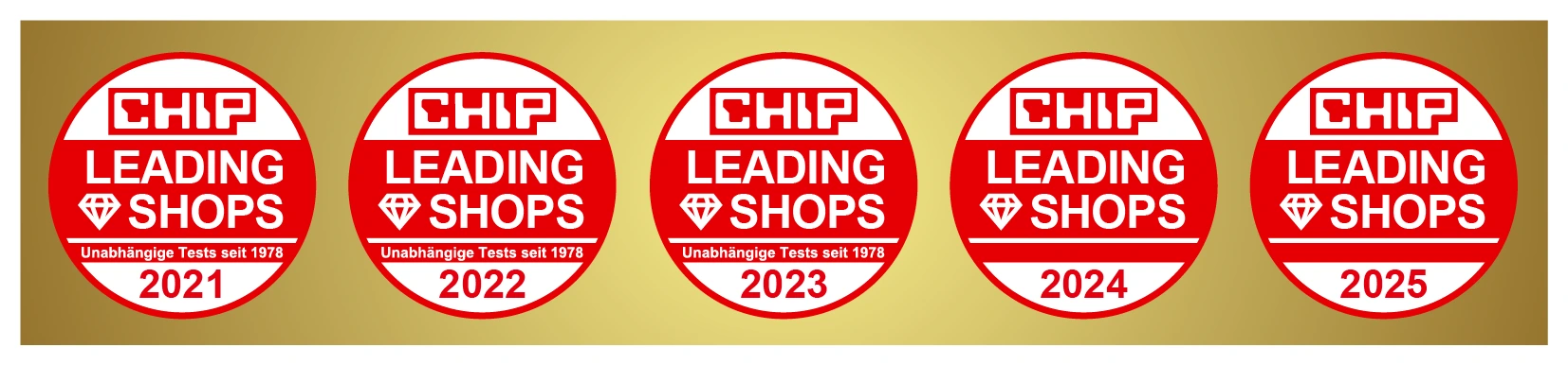 5 Jahre Chip Leading Shops Siegel nebeneinander
