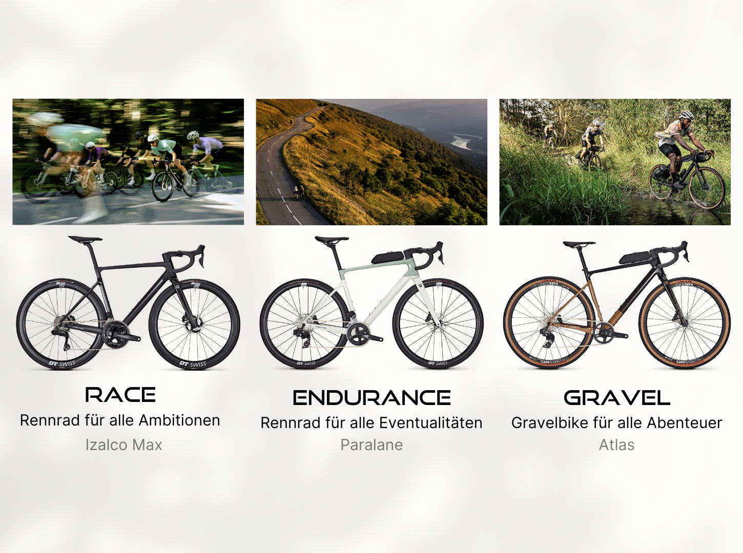 Focus Rennräder Race Endurance Gravel Focus Rennräder Race Endurance Gravel Produktfotos in Kombination mit Lifestyle Foto Izalco Max Paralane Atlas