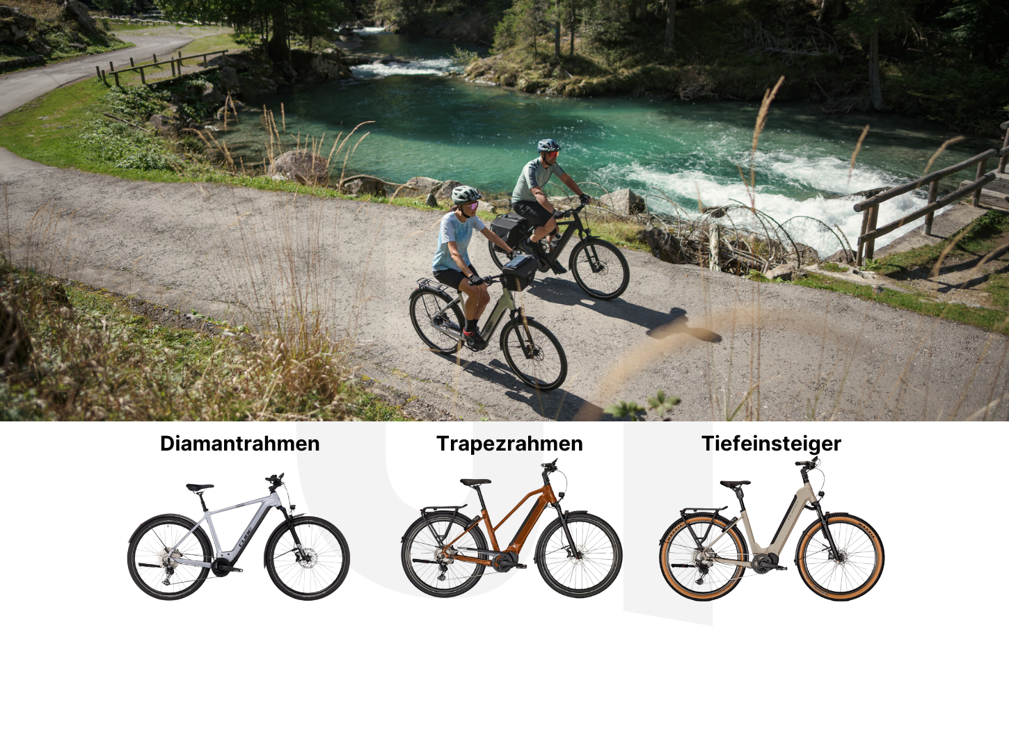 Übersicht-E-Bike-Trekking-Rahmenformen_Diamantrahmen_Trapezrahmen_Tiefeinsteiger_Lifestyle-Foto_2-Leute-am-R Zwei Leute fahren in der Natur mit ihren E-Trekking Bikes Darunter sieht man eine Übersicht der drei E-Trekking-Rahmenformen