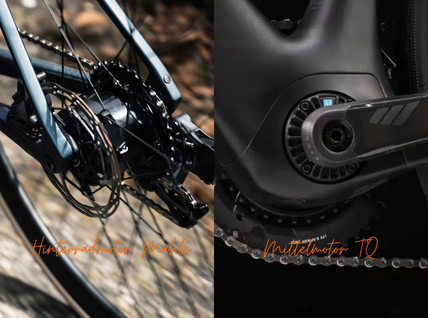 E-Rennrad-Motoren-Vergleich_Links-Hinterradmotor-Mahle_rechts-Mittelmotor-TQ Zwei Detailfotos von ERennrad Motoren links Hinterradmotor Mahle rechts Mittelmotor TQ