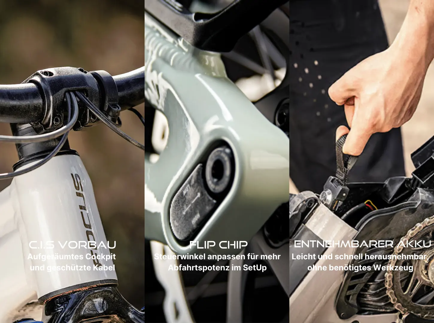 Drei Detailfotos von Focus Jam2 Komponenten CIS Vorbau FlipChip und Entnehmbarer Akku