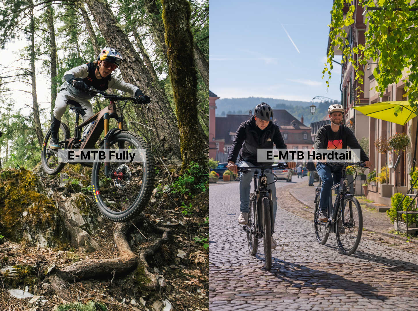 Gegenüberstellung E-MTB Fully vs. E-MTB Hardtail_Fully beim Enduro fahren im Steinfeld_rechts zwei Radfahrer auf E-MTB Hardtails auf asphaltiertem Weg in den Reben Gegenüberstellung E-MTB Fully vs. E-MTB Hardtail_Fully beim Enduro fahren im Steinfeld_rechts zwei Radfahrer auf E-MTB Hardtails auf asphaltiertem Weg in den Reben