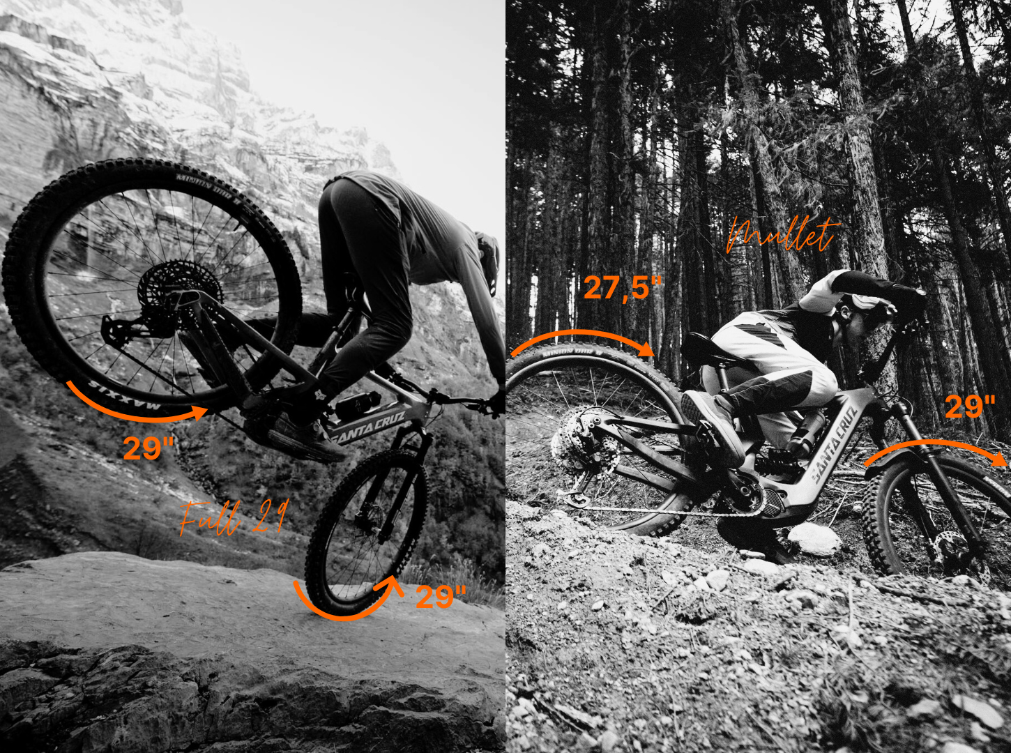 Gegenüberstellung Laufradgröße E-MTBs_29 Zoll Laufräder vs Mullet vorne 29 Zoll hinten 27,5 Zoll Zwei EMountainbiker nebeneinander jeweils sind die Reifen mit Pfeilen markiert links zweimal mit 29 Zoll Laufrädern und rechts mit Mixed Bereifung also vorne 29 Zoll und hinten 27 und halb