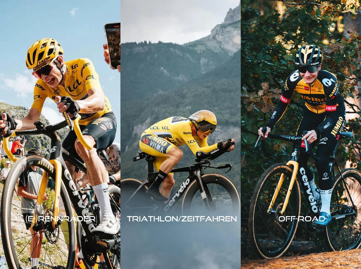 Actionfotos von drei Cervélo Produktkategorien Rennräder Triathlon und Zeiträder und OffRoad Modellen mit jeweils einem Fahrer oder Fahrerin in gelbem Jumbo Visma Trikot beim Rennen