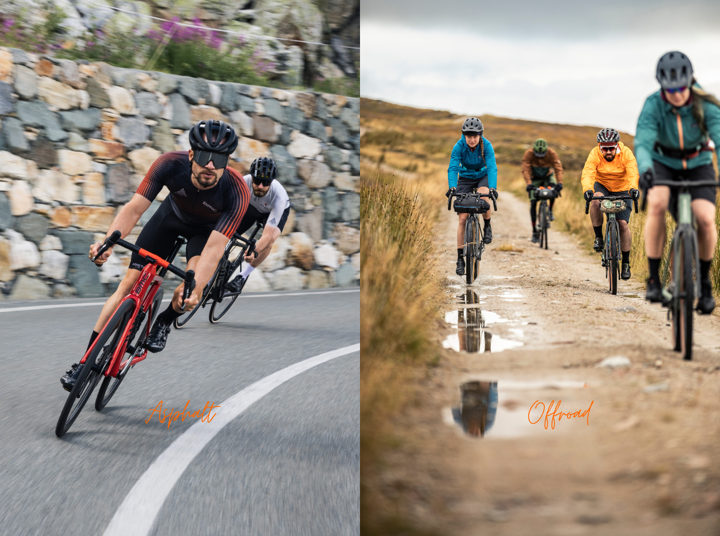 BMC Roadmachine mit Fahrer auf der Linken Seite und eine Gravel Gruppe mit Focus Atlas Gravel Bikes rechts